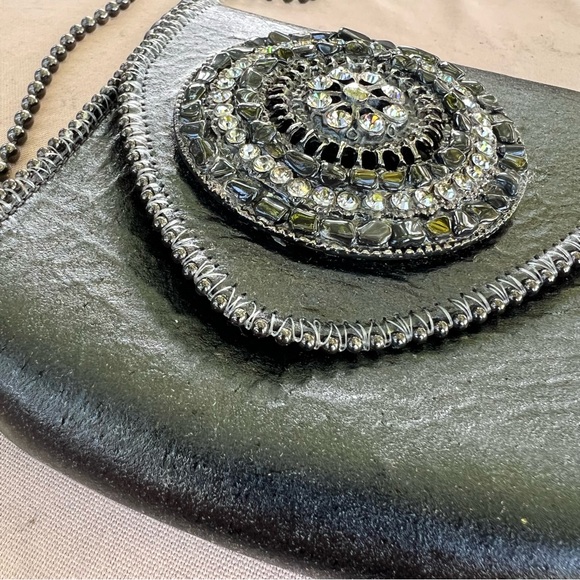 LR Leatherock Black Leather Mini Crossbody Bag Crystal Rock Pebbled Detail - Picture 9 of 16